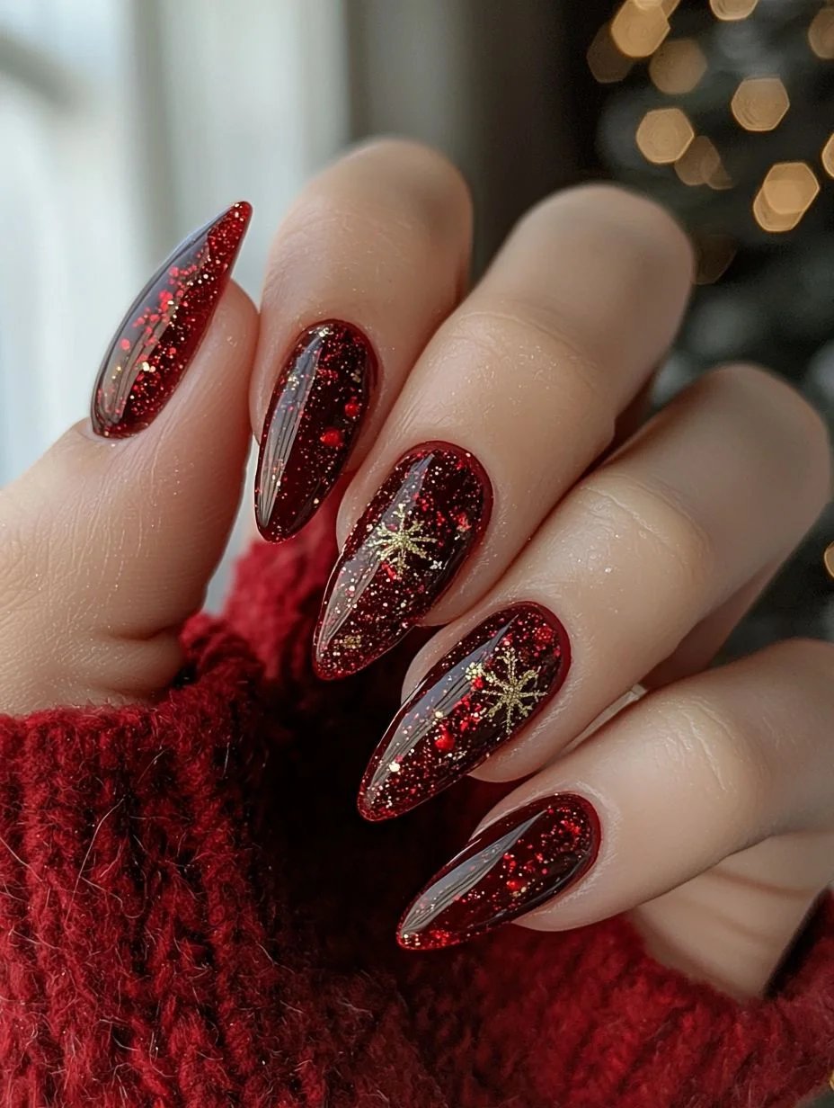 Ongles bordeaux ornés de flocons dorés